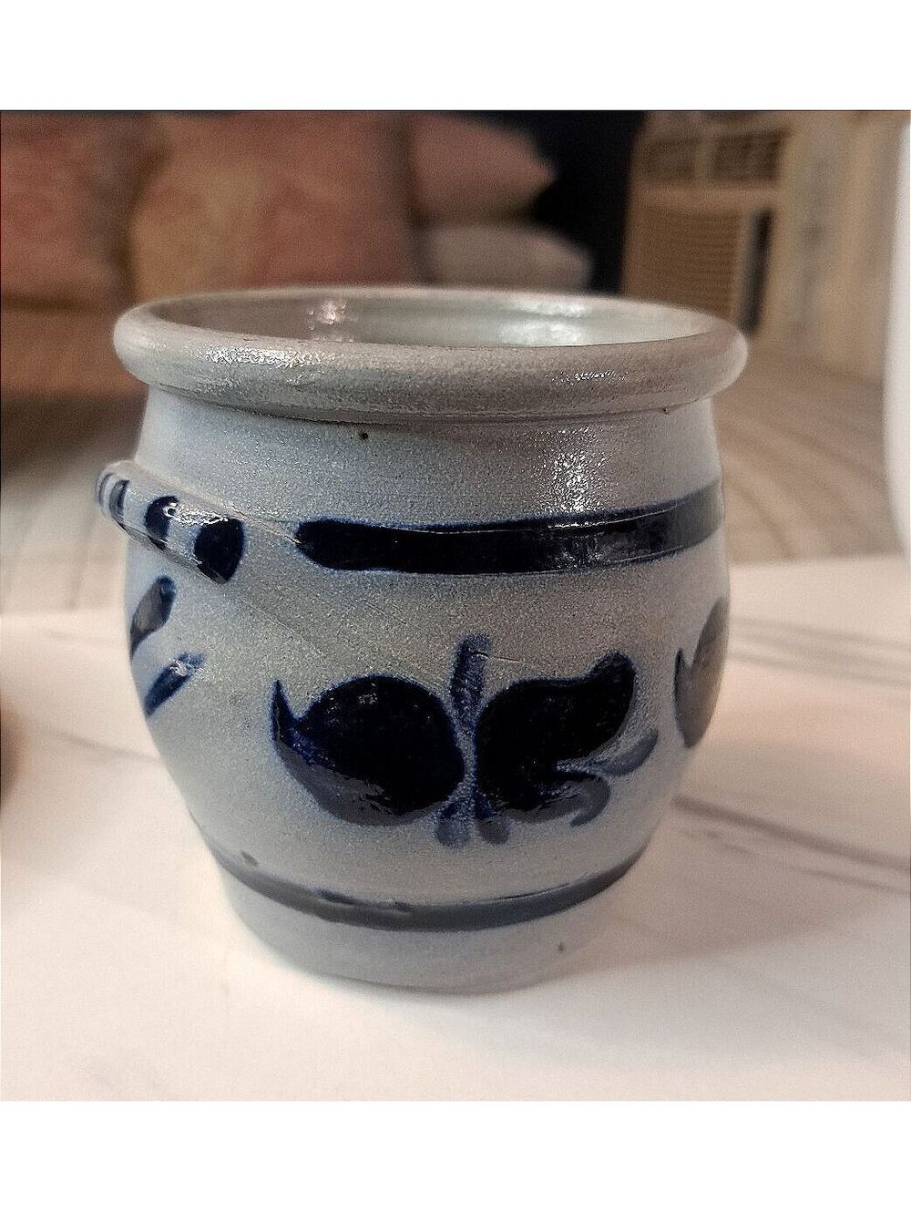 Vintage Williamsburg Pottery Salt Glaze Mini Crock Cobalt & Gray 2 Handled 4"
